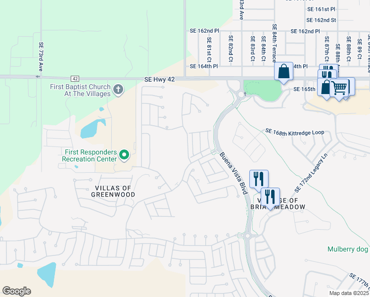 map of restaurants, bars, coffee shops, grocery stores, and more near 16860 Southeast 80th Bathurst Court in The Villages