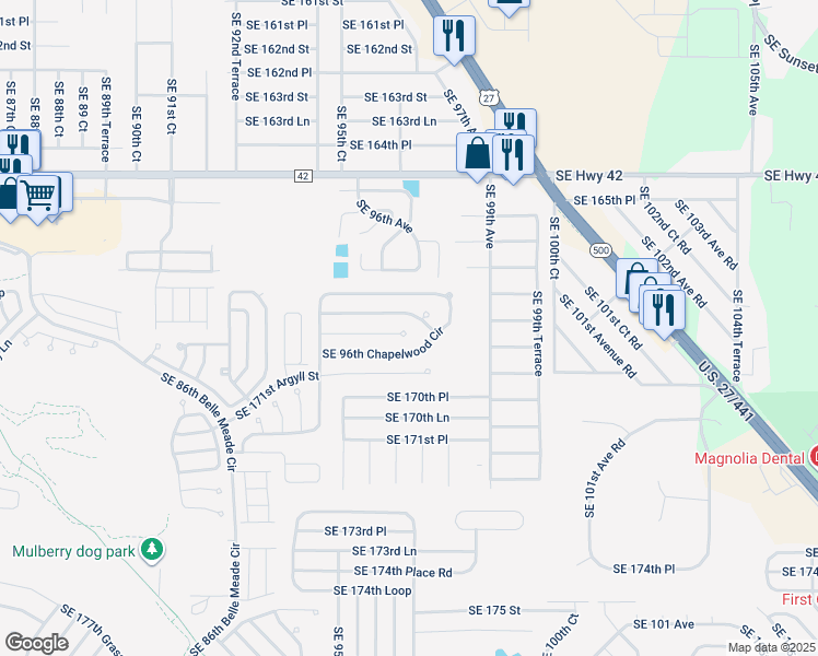 map of restaurants, bars, coffee shops, grocery stores, and more near 9658 Southeast 168th Elderberry Place in The Villages