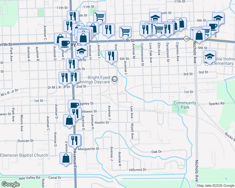 map of restaurants, bars, coffee shops, grocery stores, and more near 2604 Avenue K in Bay City