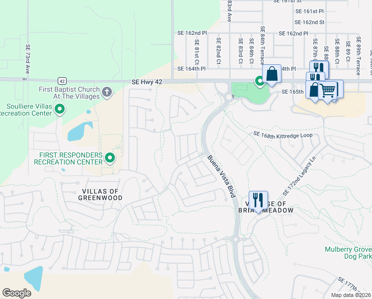 map of restaurants, bars, coffee shops, grocery stores, and more near 16860 Southeast 80th Bathurst Court in The Villages