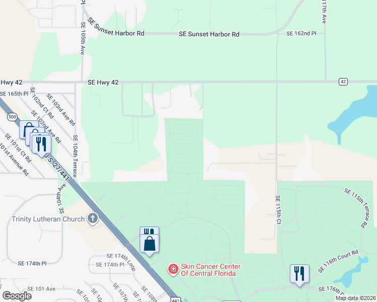 map of restaurants, bars, coffee shops, grocery stores, and more near 16871 South East 110th Court Road in Summerfield