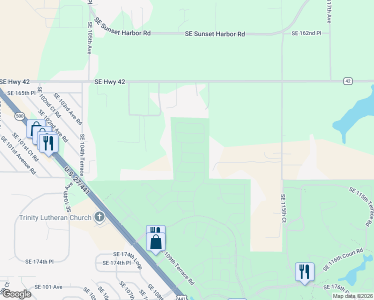 map of restaurants, bars, coffee shops, grocery stores, and more near 16871 South East 110th Court Road in Summerfield