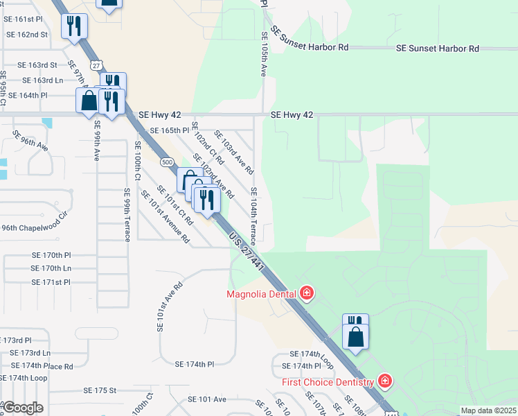 map of restaurants, bars, coffee shops, grocery stores, and more near 16845 Southeast 104th Terrace in Summerfield