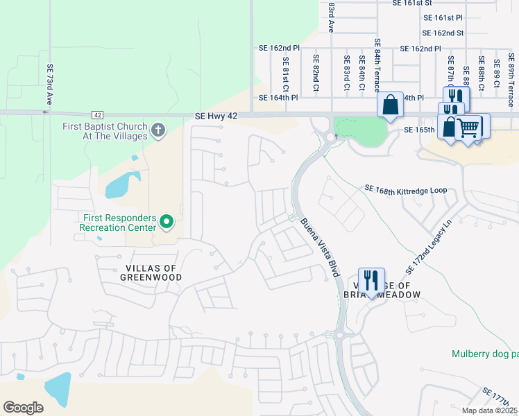 map of restaurants, bars, coffee shops, grocery stores, and more near 16860 Southeast 80th Bathurst Court in The Villages