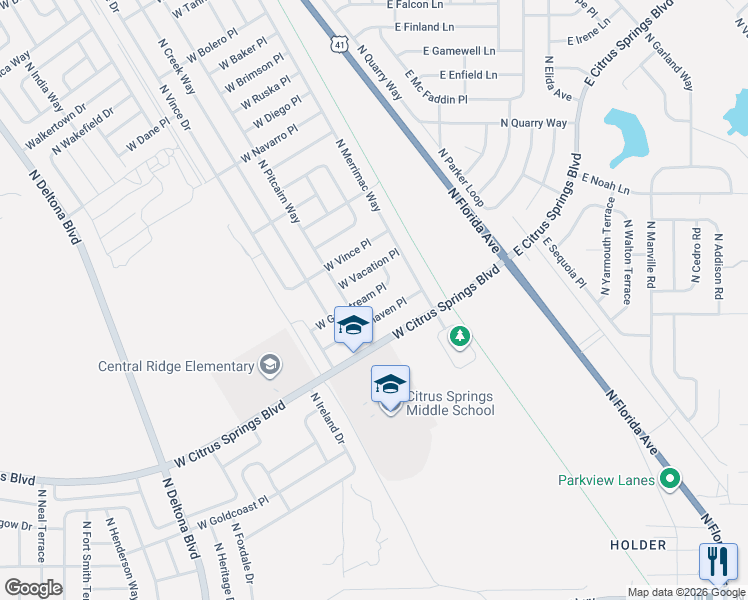 map of restaurants, bars, coffee shops, grocery stores, and more near 50 West Gulfstream Place in Citrus Springs