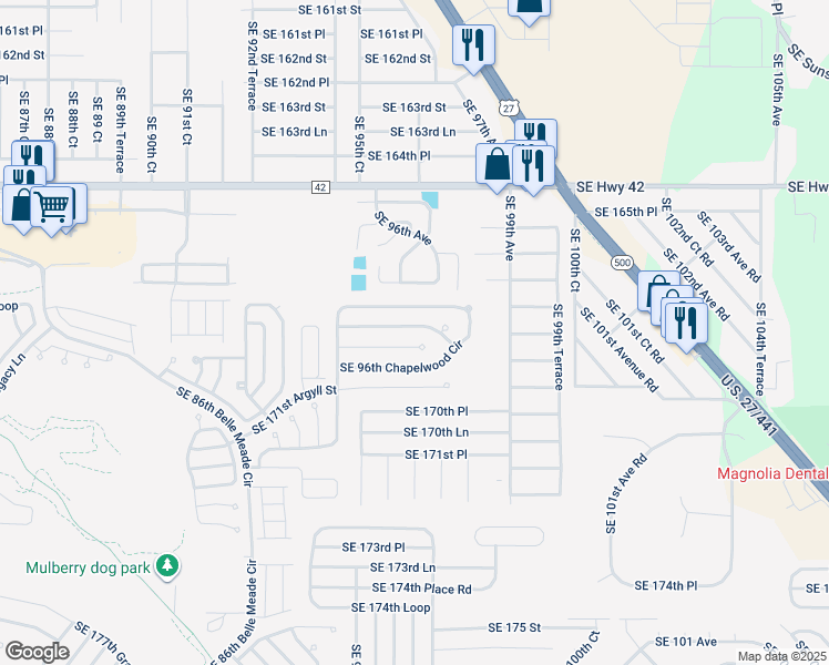 map of restaurants, bars, coffee shops, grocery stores, and more near 9658 Southeast 168th Elderberry Place in The Villages
