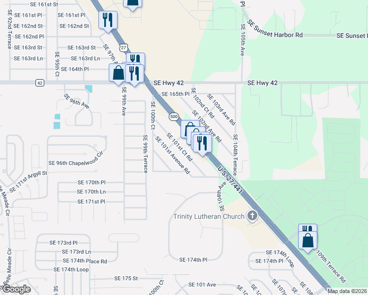 map of restaurants, bars, coffee shops, grocery stores, and more near 16875 Southeast 101st Court Road in Summerfield