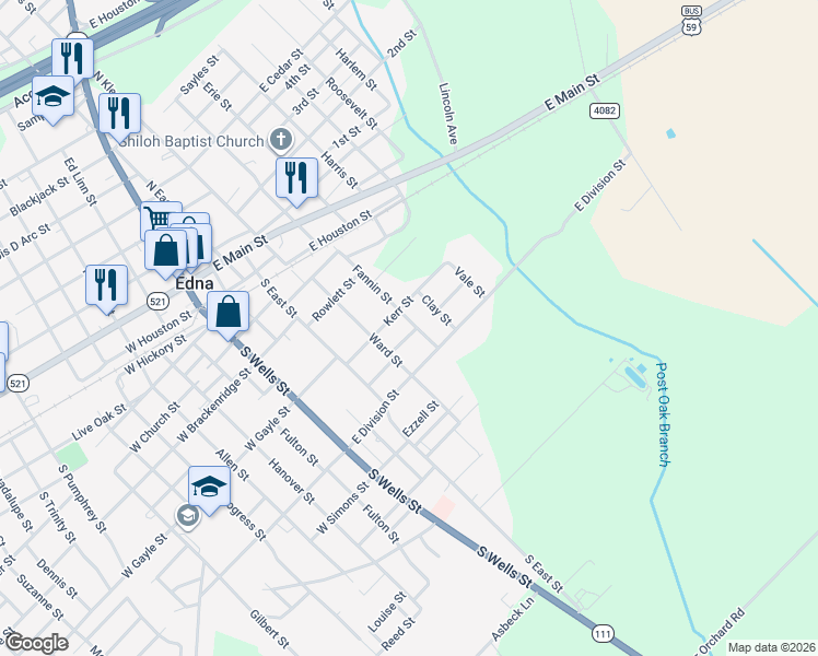 map of restaurants, bars, coffee shops, grocery stores, and more near 412 Hurst Street in Edna