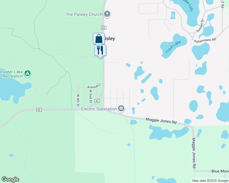 map of restaurants, bars, coffee shops, grocery stores, and more near 43125 East 2nd Street in Paisley