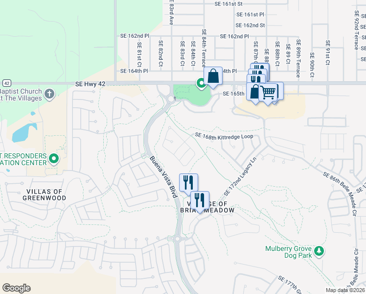 map of restaurants, bars, coffee shops, grocery stores, and more near 8385 Southeast 168th Mardell Lane in The Villages
