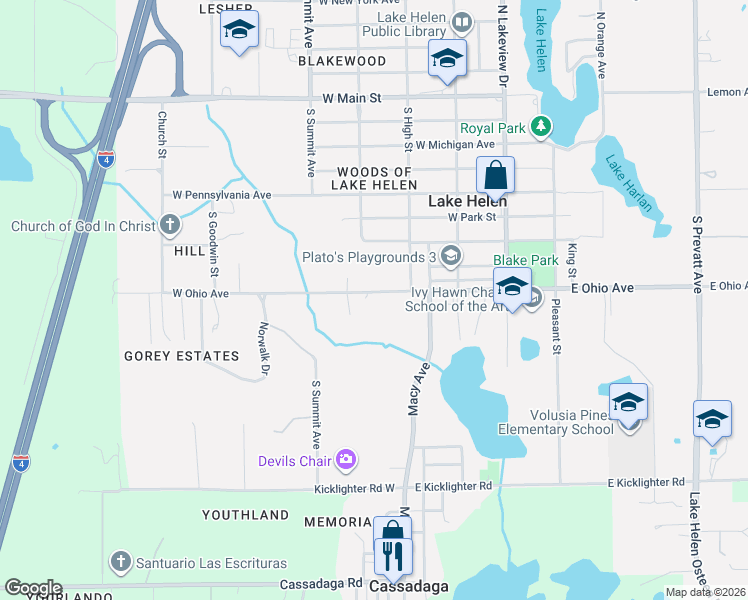 map of restaurants, bars, coffee shops, grocery stores, and more near 381 West Ohio Avenue in Lake Helen