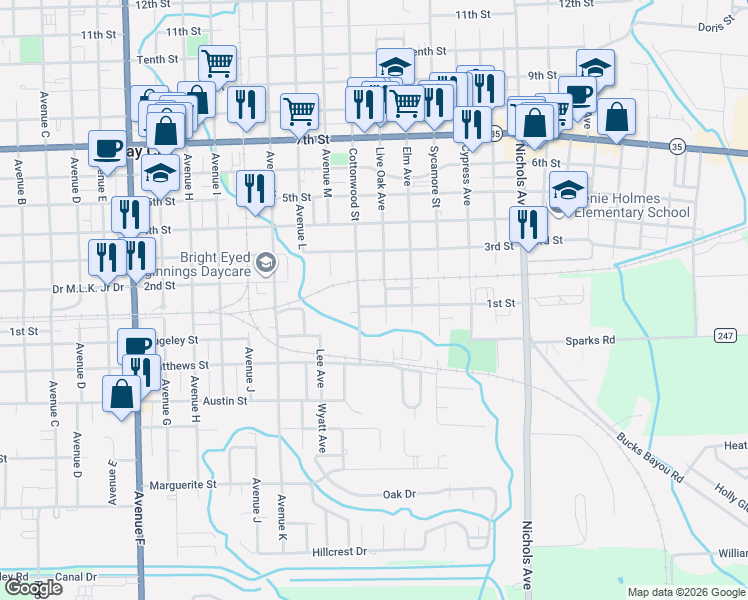 map of restaurants, bars, coffee shops, grocery stores, and more near 2515 1st Street in Bay City