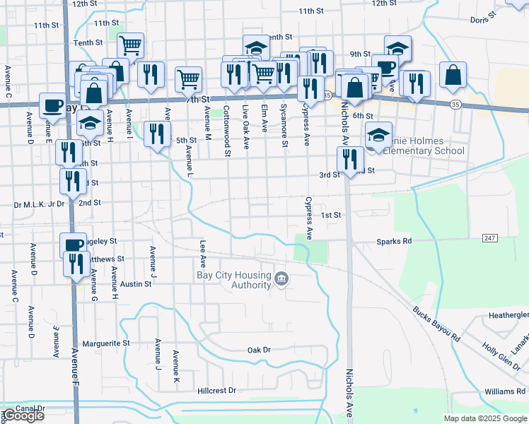 map of restaurants, bars, coffee shops, grocery stores, and more near 2616 Elm Avenue in Bay City
