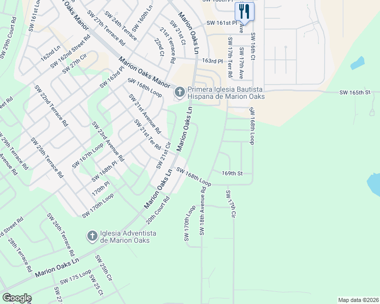 map of restaurants, bars, coffee shops, grocery stores, and more near 16919-16931 Southwest 20th Court Road in Ocala