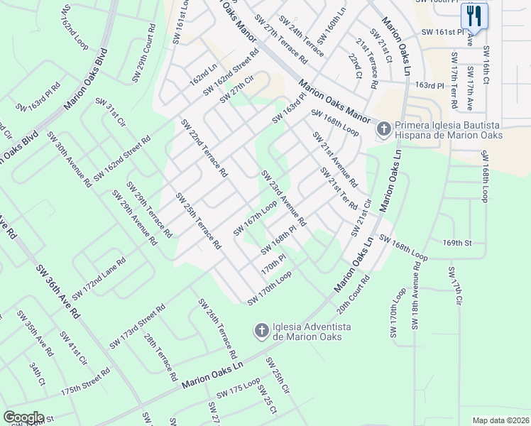 map of restaurants, bars, coffee shops, grocery stores, and more near 2475 Southwest 168th Loop in Ocala