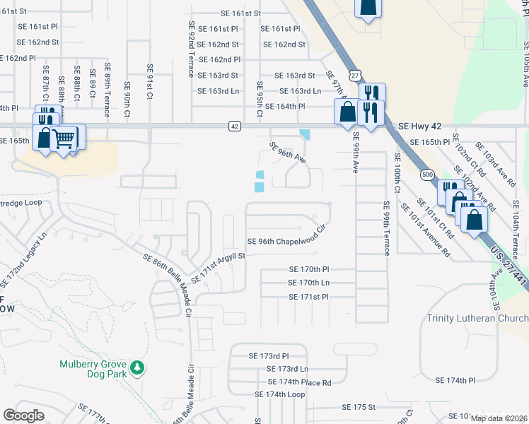 map of restaurants, bars, coffee shops, grocery stores, and more near 9570 Southeast 168th Elderberry Place in The Villages