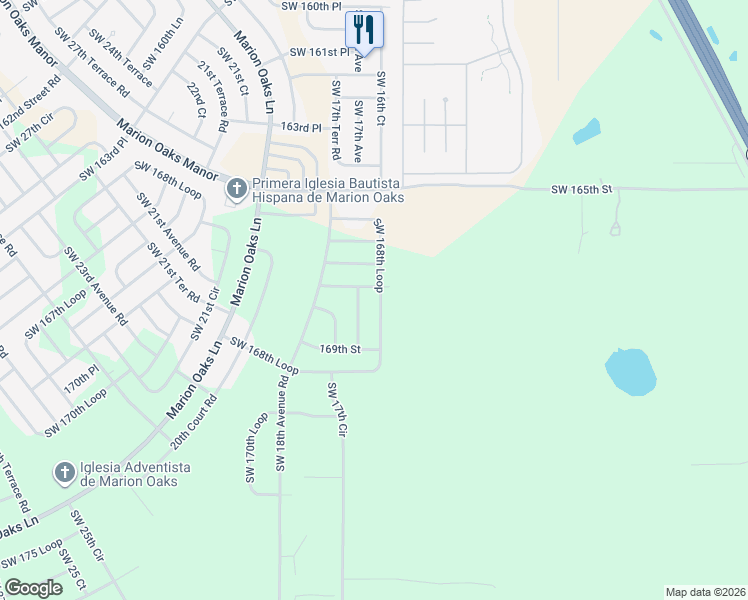 map of restaurants, bars, coffee shops, grocery stores, and more near 1681 Southwest 168th Loop in Ocala