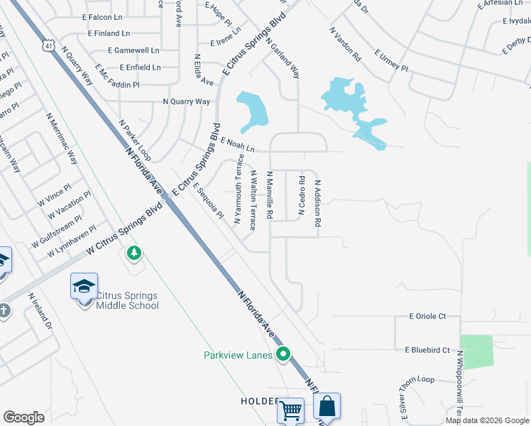 map of restaurants, bars, coffee shops, grocery stores, and more near 7762 North Manville Road in Citrus Springs