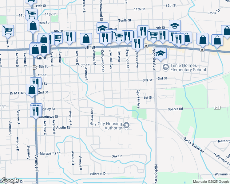 map of restaurants, bars, coffee shops, grocery stores, and more near 2616 Elm Avenue in Bay City
