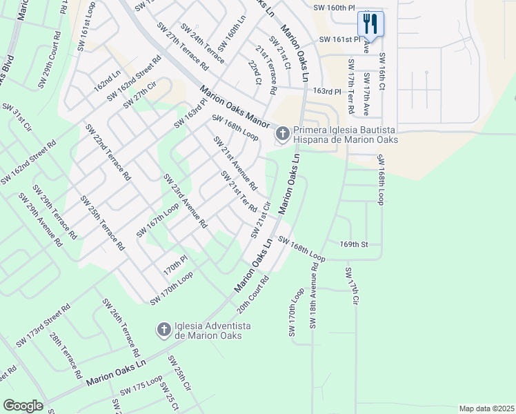 map of restaurants, bars, coffee shops, grocery stores, and more near 16711 Southwest 21st Avenue Road in Ocala