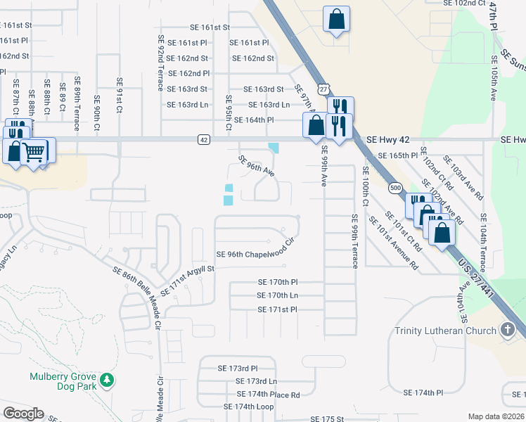 map of restaurants, bars, coffee shops, grocery stores, and more near 9656 Southeast 167th Place in Summerfield