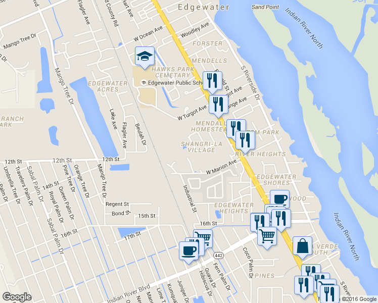 map of restaurants, bars, coffee shops, grocery stores, and more near Village Court in Edgewater