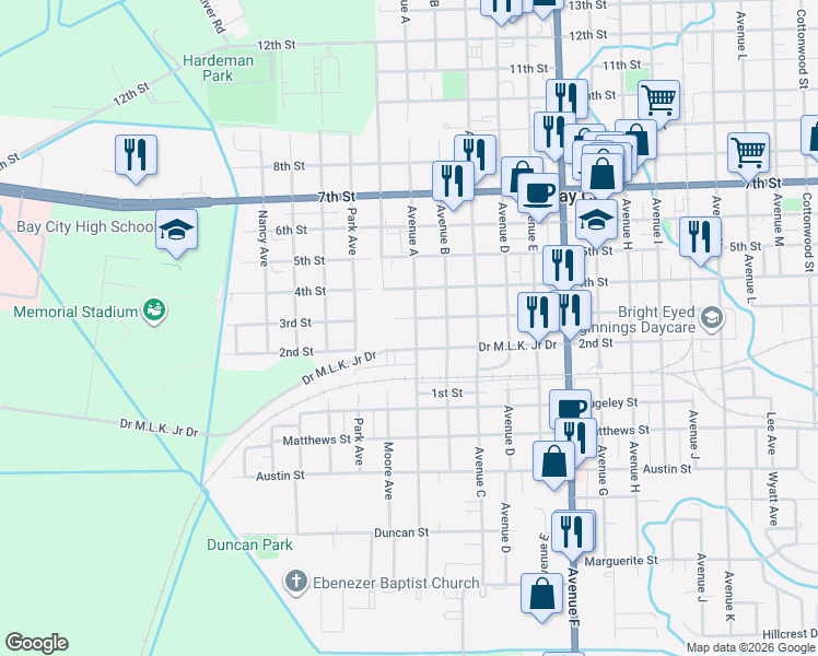 map of restaurants, bars, coffee shops, grocery stores, and more near 1114 3rd Street in Bay City