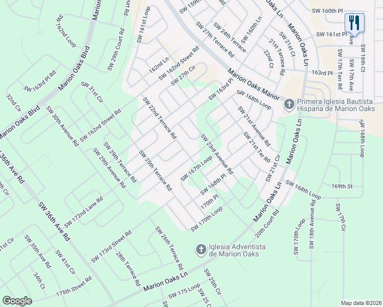 map of restaurants, bars, coffee shops, grocery stores, and more near 2591 Southwest 165th Street Road in Ocala