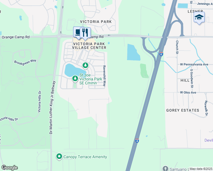 map of restaurants, bars, coffee shops, grocery stores, and more near 505 Ravenshill Way in DeLand