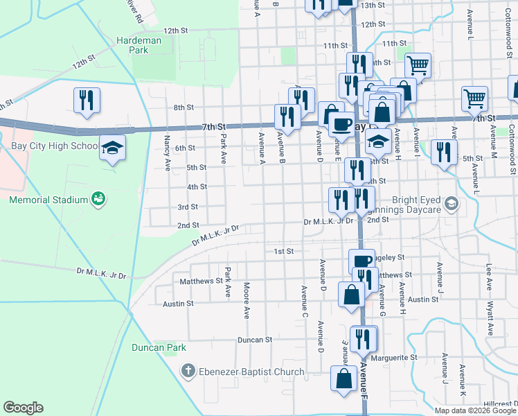 map of restaurants, bars, coffee shops, grocery stores, and more near 1114 3rd Street in Bay City