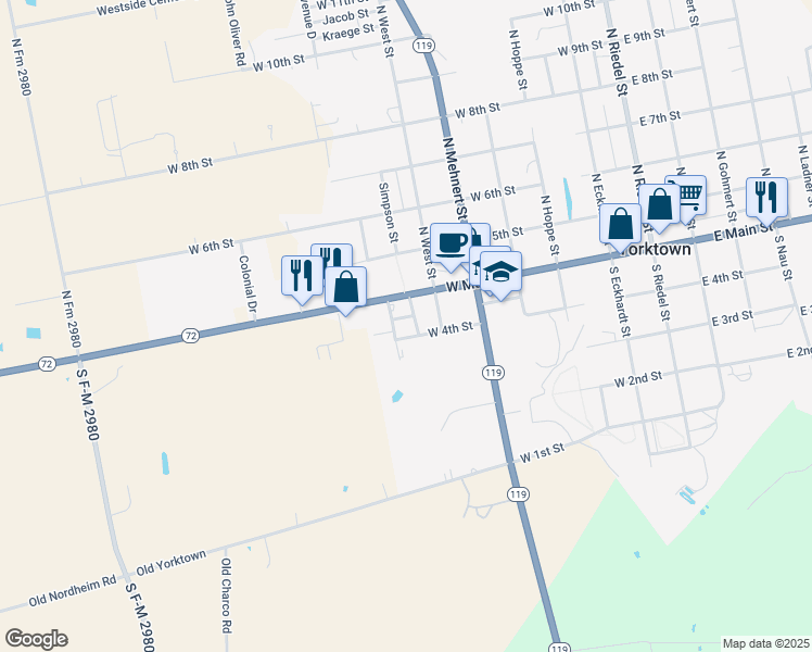 map of restaurants, bars, coffee shops, grocery stores, and more near 123 South West Street in Yorktown