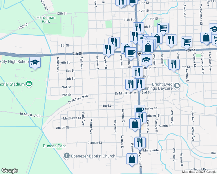 map of restaurants, bars, coffee shops, grocery stores, and more near 2501 Avenue B in Bay City