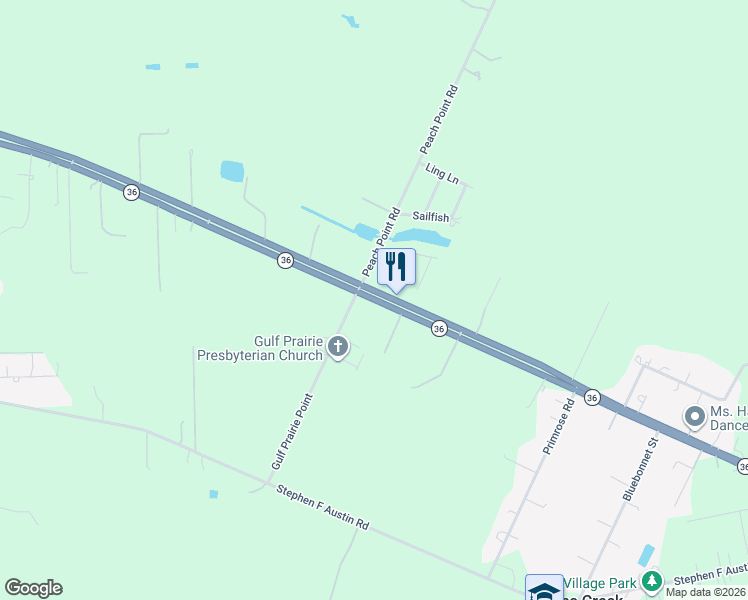 map of restaurants, bars, coffee shops, grocery stores, and more near 8103-8129 Texas 36 in Jones Creek