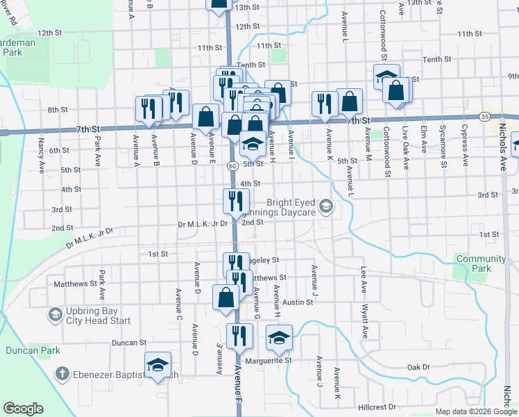 map of restaurants, bars, coffee shops, grocery stores, and more near 2505 Avenue G in Bay City