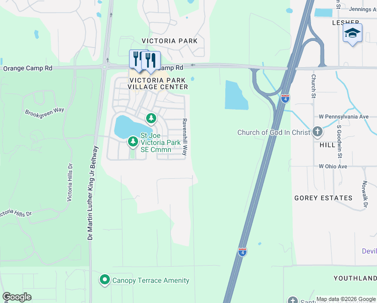 map of restaurants, bars, coffee shops, grocery stores, and more near 503 Ravenshill Way in DeLand