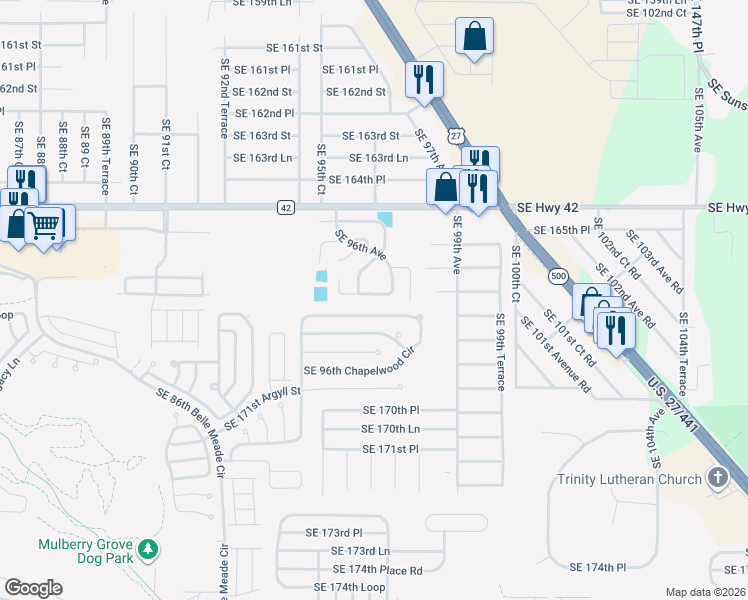 map of restaurants, bars, coffee shops, grocery stores, and more near 9656 Southeast 167th Place in Summerfield
