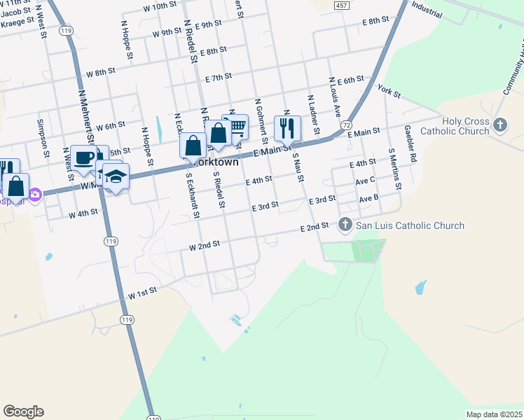 map of restaurants, bars, coffee shops, grocery stores, and more near 220 East 3rd Street in Yorktown