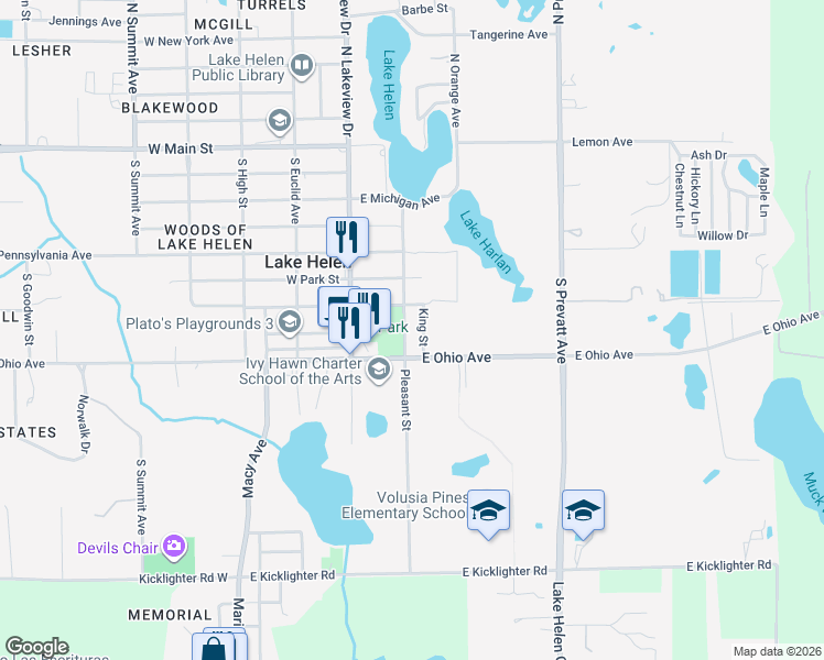 map of restaurants, bars, coffee shops, grocery stores, and more near 435 Pleasant Street in Lake Helen