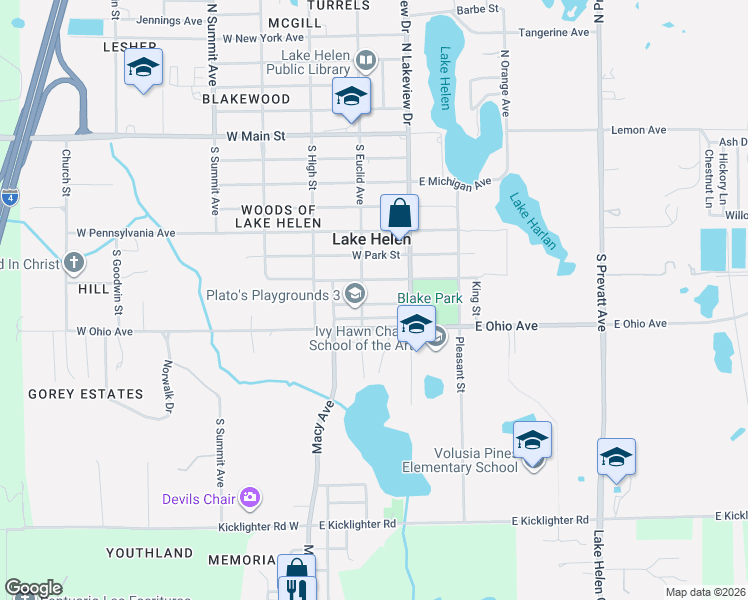 map of restaurants, bars, coffee shops, grocery stores, and more near 442 South Euclid Avenue in Lake Helen