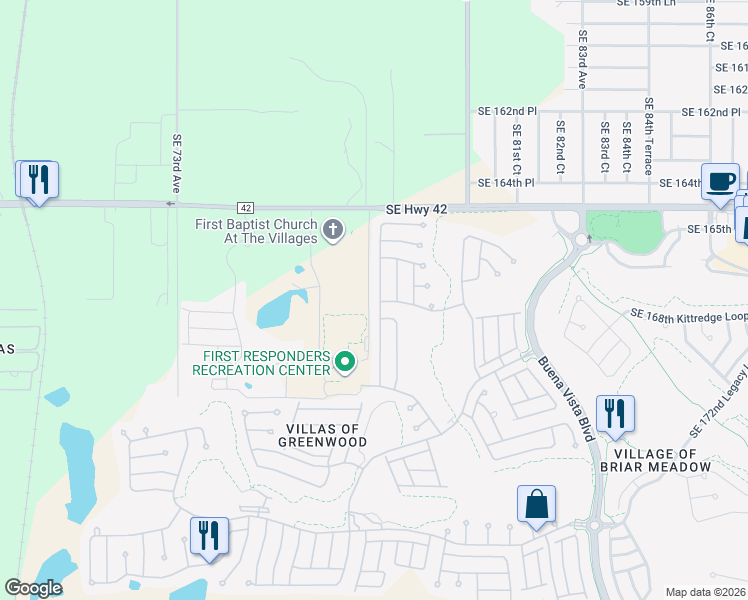 map of restaurants, bars, coffee shops, grocery stores, and more near 16774 Southeast 77th Northridge Court in The Villages