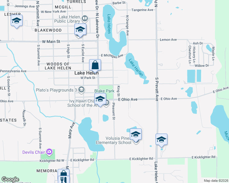 map of restaurants, bars, coffee shops, grocery stores, and more near 435 Pleasant Street in Lake Helen