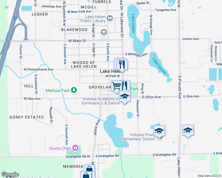 map of restaurants, bars, coffee shops, grocery stores, and more near 182 Water Street in Lake Helen