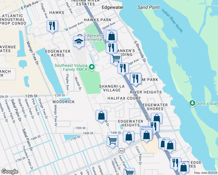 map of restaurants, bars, coffee shops, grocery stores, and more near 415 Shangri La Circle in Edgewater
