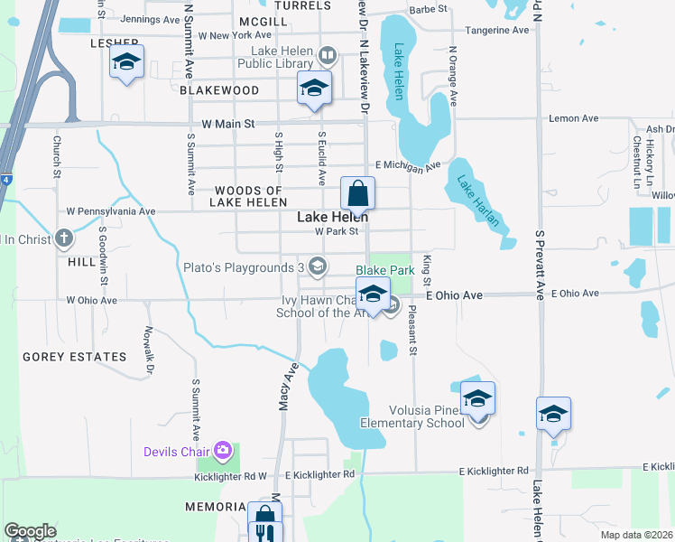 map of restaurants, bars, coffee shops, grocery stores, and more near 126 Water Street in Lake Helen