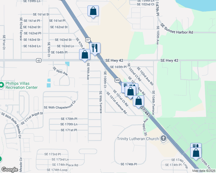 map of restaurants, bars, coffee shops, grocery stores, and more near 16720 Southeast 100th Court in Summerfield