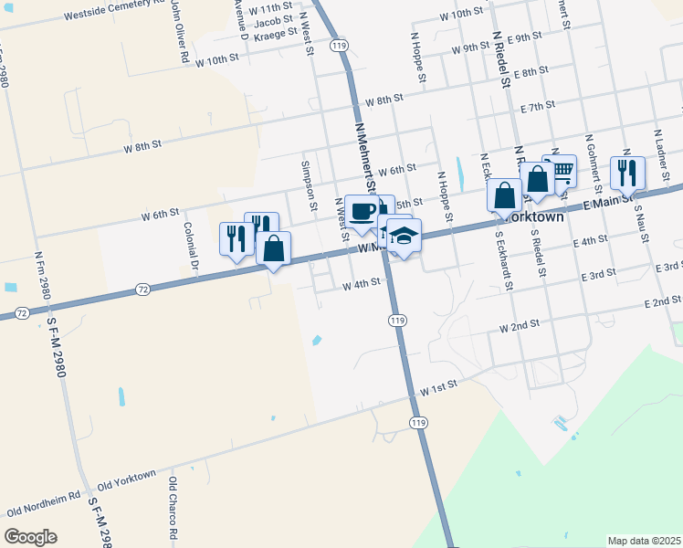 map of restaurants, bars, coffee shops, grocery stores, and more near 123 South West Street in Yorktown