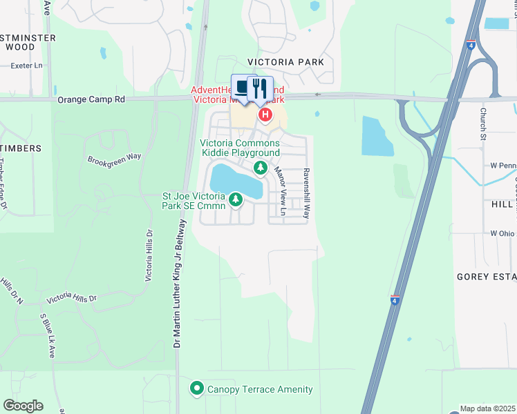 map of restaurants, bars, coffee shops, grocery stores, and more near 702 South Lake Victoria Circle in DeLand