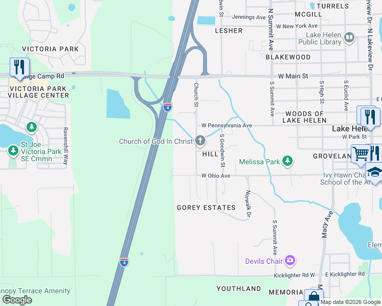 map of restaurants, bars, coffee shops, grocery stores, and more near 472 Church Street in Lake Helen