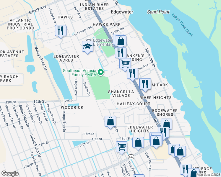 map of restaurants, bars, coffee shops, grocery stores, and more near 400 Shangri La Circle in Edgewater