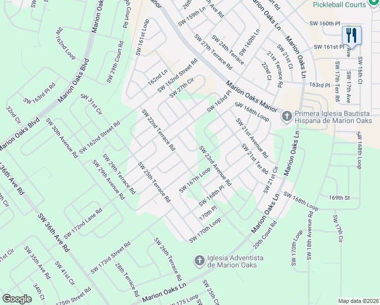 map of restaurants, bars, coffee shops, grocery stores, and more near 2591 Southwest 165th Street Road in Ocala